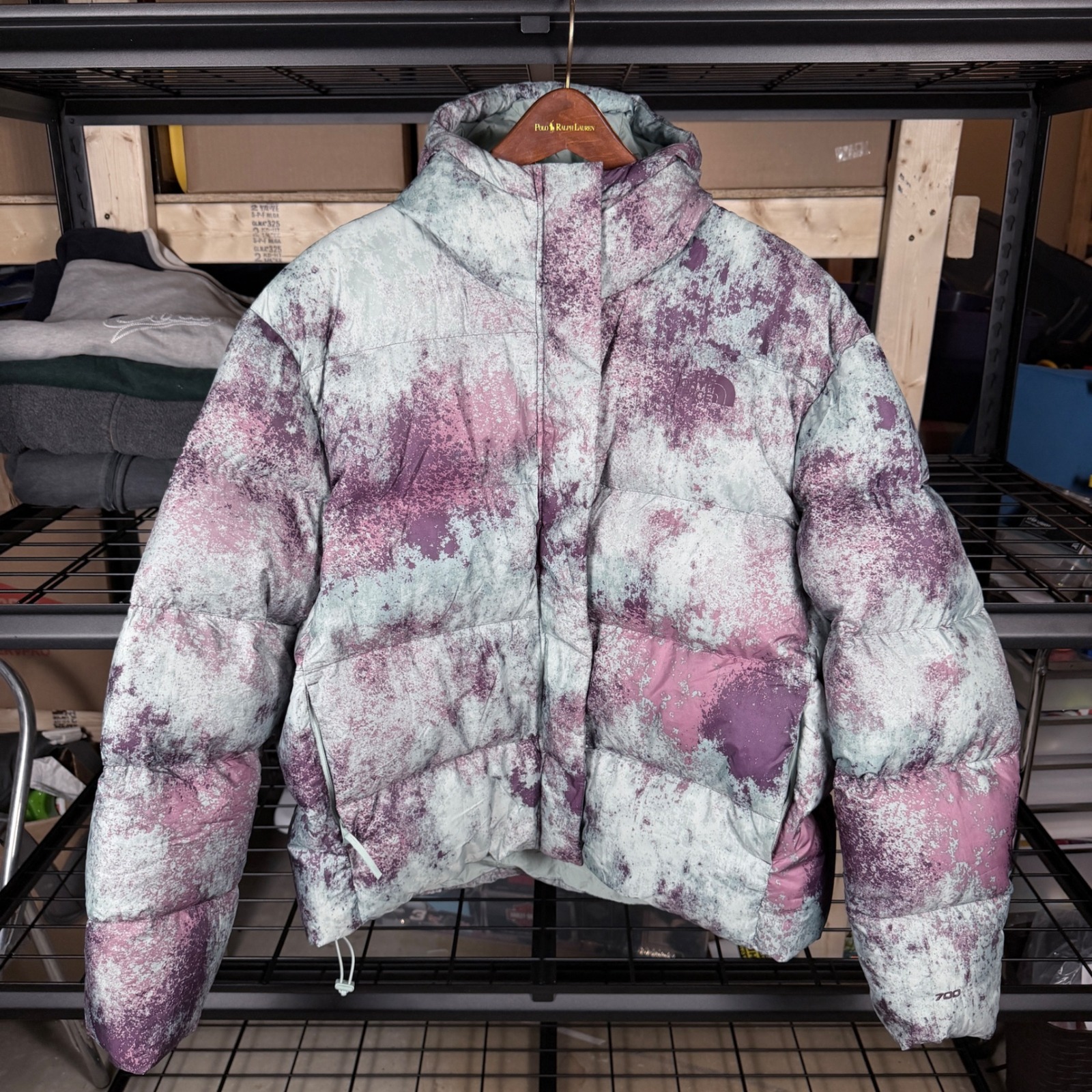 The North Face Womens Xl 700 Fill Down Puffer Jacket Purple Grey Tie Dye Hooded